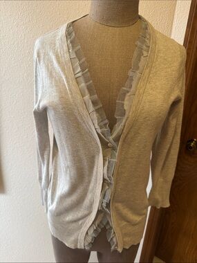 J.Crew Light Heather Gray Women's Cardigan with Tulle and Silk Ruffle Trim